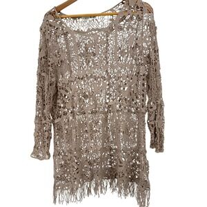 Cato Crochet Knit Shawl Scarf Oatmeal Beige Fringe Coastal Grandmother Boho Chic